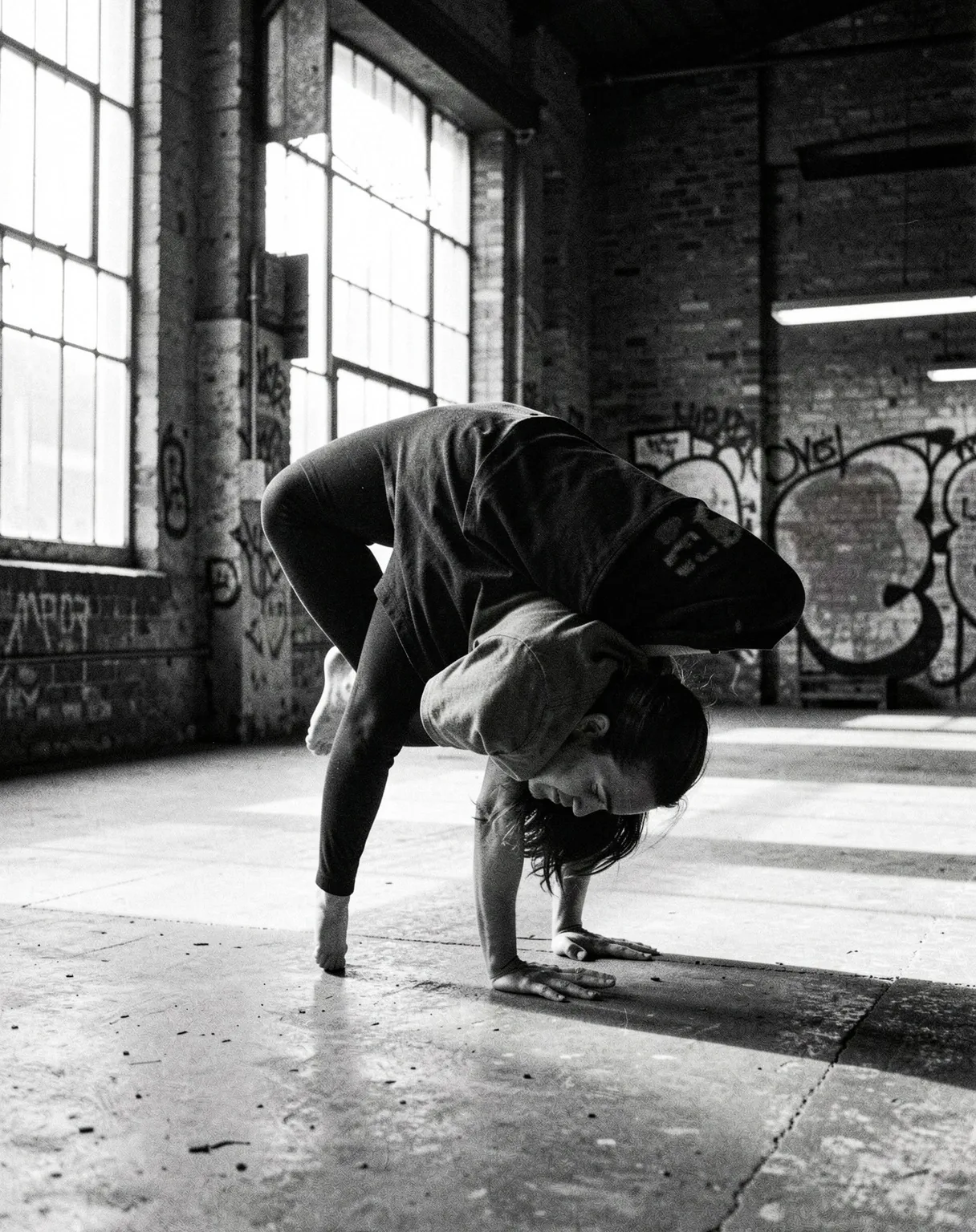 High tension yoga practice in an industrial setting